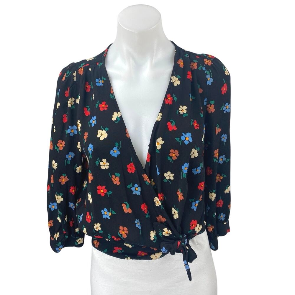 Madewell Women's Black Floral Print Long Puff Sleeve V-neck Wrap Blouse Top Sz M